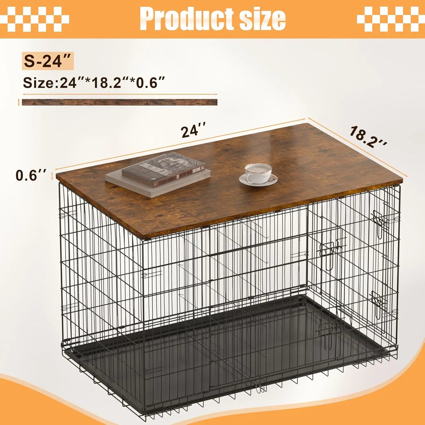 Wooden Dog Crate Topper for 24, 30, 36, 42, 48 Inch Cages - Rustic Brown Countertop Cover (Crate Not Included)