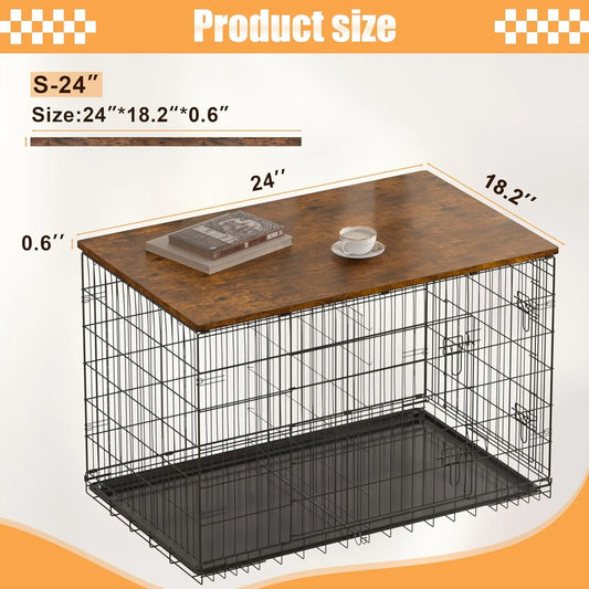 Wooden Dog Crate Topper for 24, 30, 36, 42, 48 Inch Cages - Rustic Brown Countertop Cover (Crate Not Included)