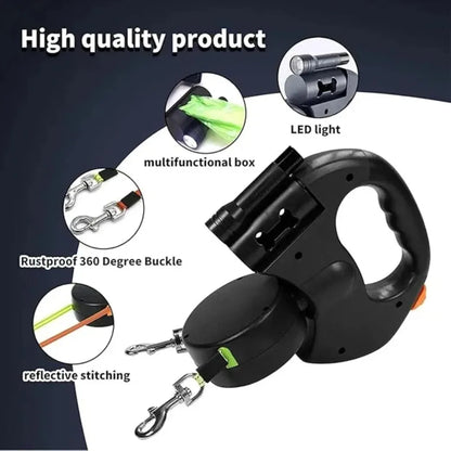 3m Retractable Dog Leash For Small Dogs Reflective Dual Pet Leash Lead 360 Swivel No Tangle Double Dog Walking Leash With Lights