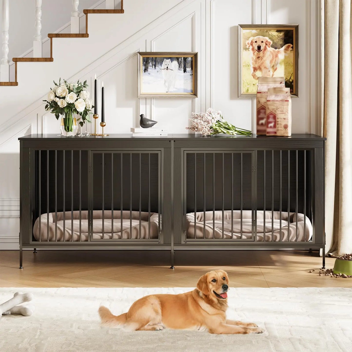 78.74" XL Heavy Duty Double Dog Crate/Kennel With Removable Divider. Holds 2 Dogs, looks like furniture.