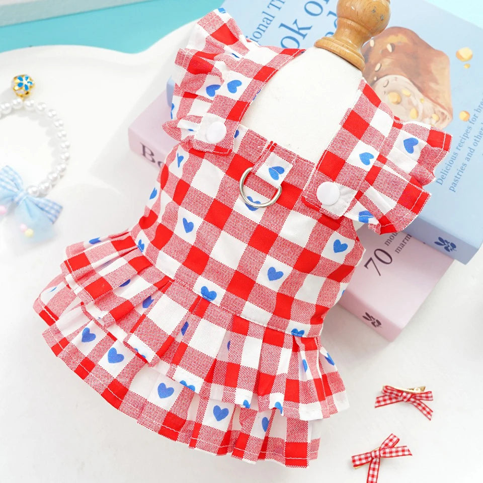 Princess-Style Pet Clothes Summer Dresses Striped Pinafore Skirt Checked Pullover