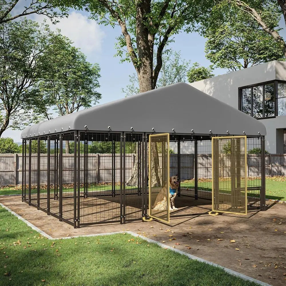 10x10FT Durable Heavy Duty Dog Cage/Kennel Outside with Roof & Double Door, Double Lock and Feeding Door,