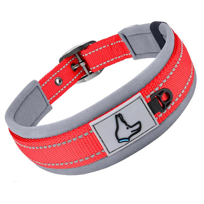 Padded Adjustable Reflective Wide Heavy Duty Nylon Neoprene Collars for small medium large Dogs  
D-Ring and Tag Loop - can be used to attach a leash and is tough enough to provide peace of mind no matter how hard your dog li