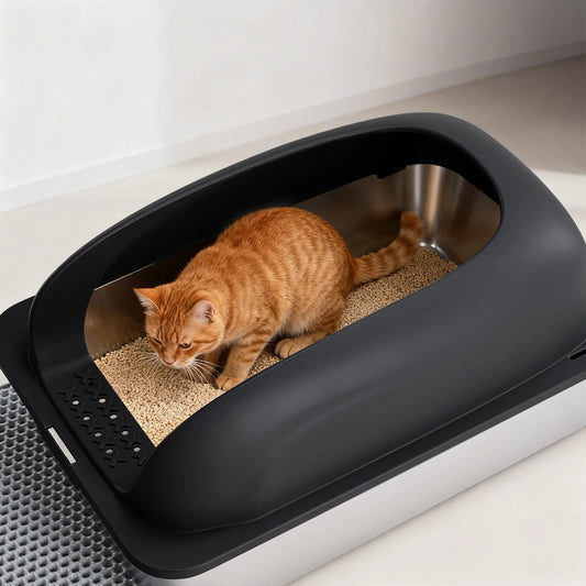 24 Inch Stainless Steel Litter Box with Lid Large Cat Litter Box for Big Cats Anti-Urine Leakage Scoop and Mat Included