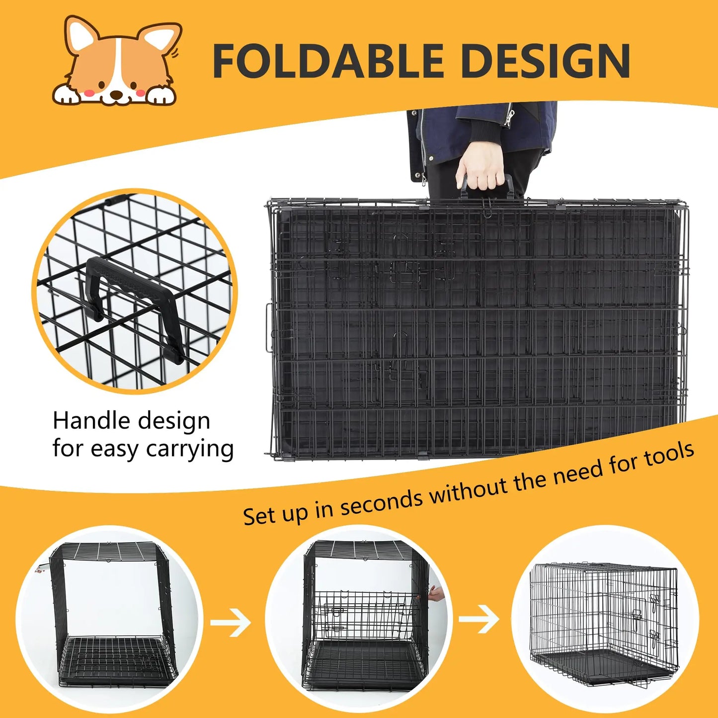 36 Inch Double Door Crate Kennel with Removable Tray & Divider