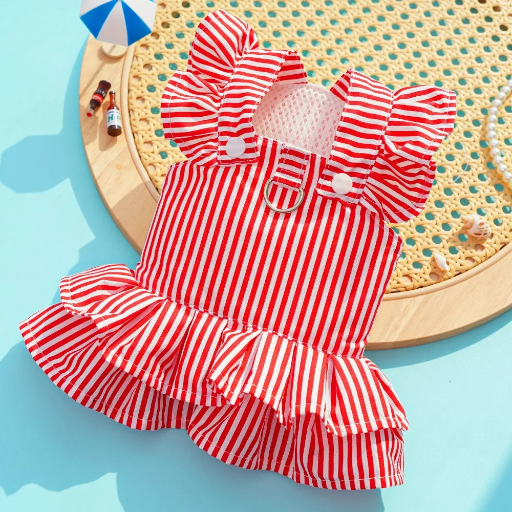 Princess-Style Pet Clothes Summer Dresses Striped Pinafore Skirt Checked Pullover