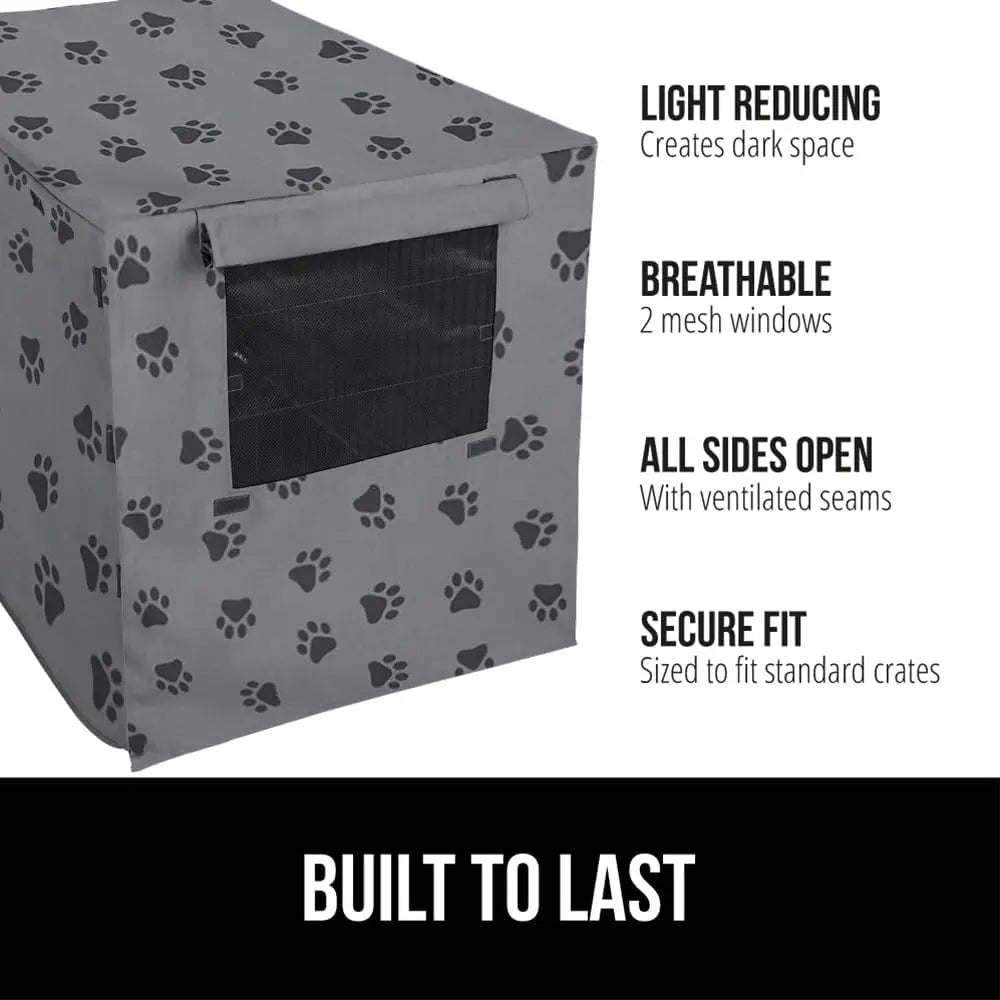 Dog Crate Cover with All-Side Openings, Breathable Mesh Windows for 24" Wire Kennel, Light-Reducing Gray Paw Design