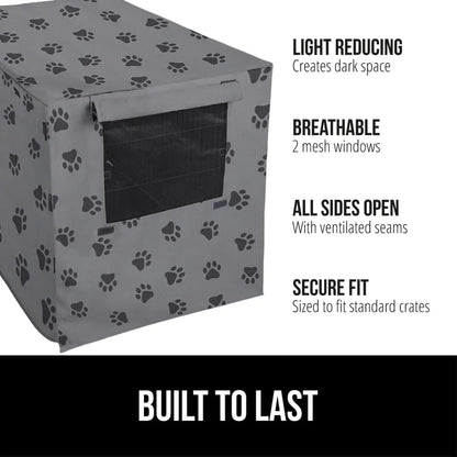 Dog Crate Cover with All-Side Openings, Breathable Mesh Windows for 24" Wire Kennel, Light-Reducing Gray Paw Design