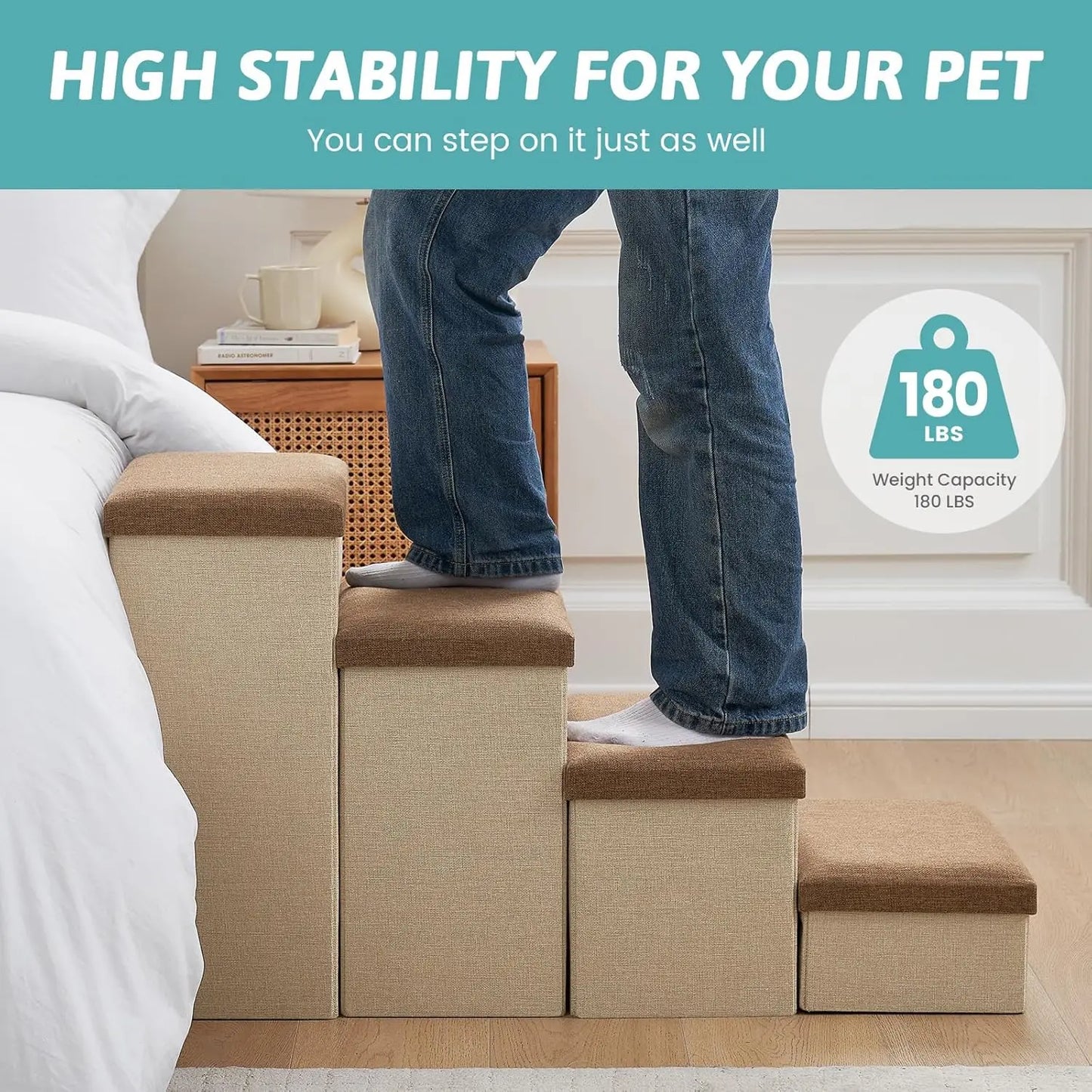 4-Step Dog Stairs with Storage, Folding Ramp for Bed/Couch/Car, Holds Up to 180 lbs, Brown