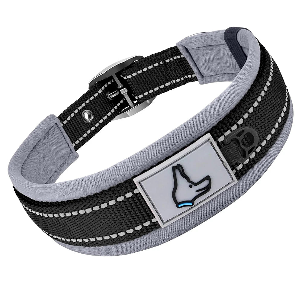 Padded Adjustable Reflective Wide Heavy Duty Nylon Neoprene Collars for small medium large Dogs  
D-Ring and Tag Loop - can be used to attach a leash and is tough enough to provide peace of mind no matter how hard your dog li