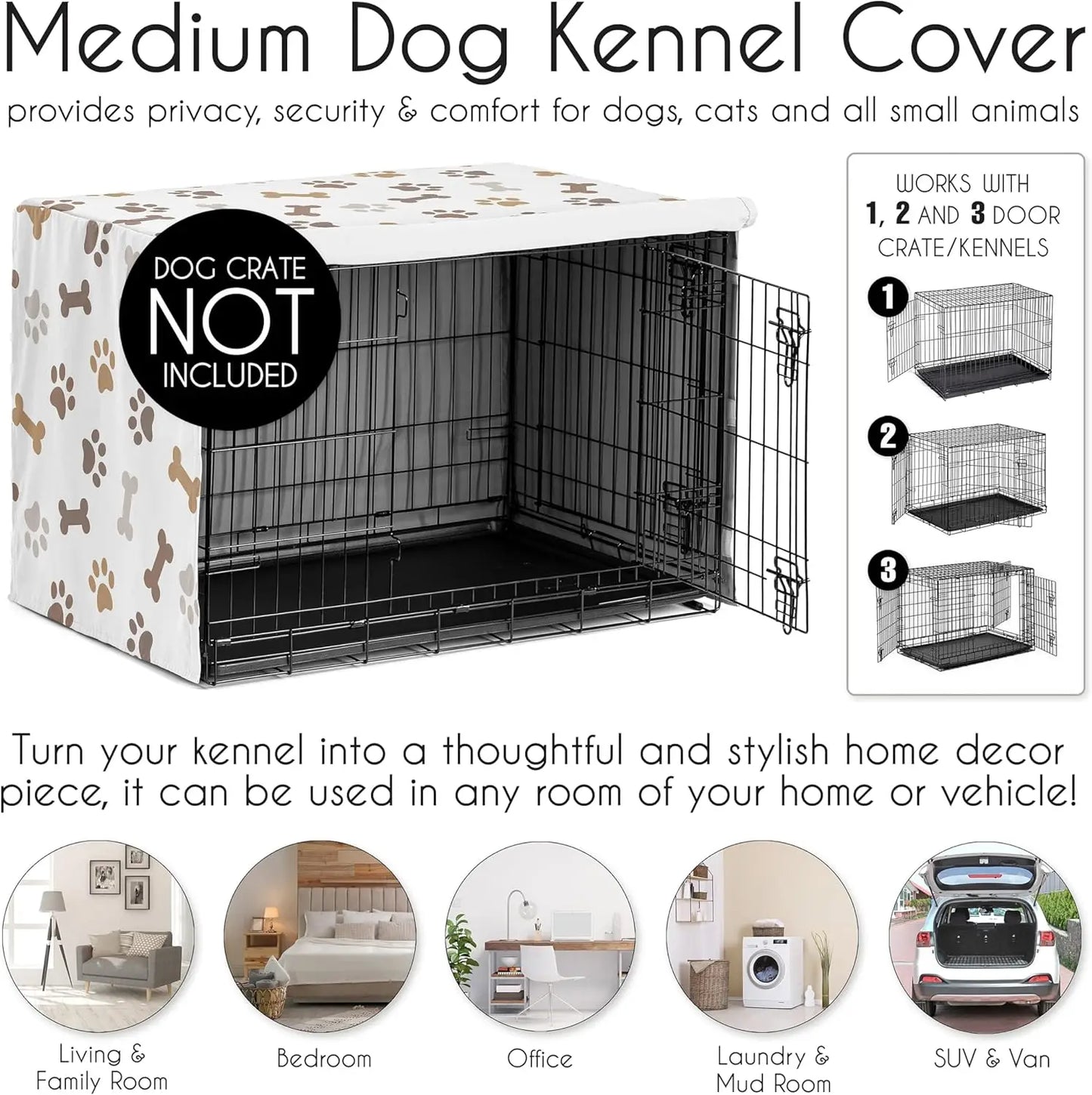 36in. Medium Dog Crate Cover (Bones and Paw Prints) Pet Cage, Kennel Covers (Modern, Cartoon, Doggy, Puppy, Neutral, Paw