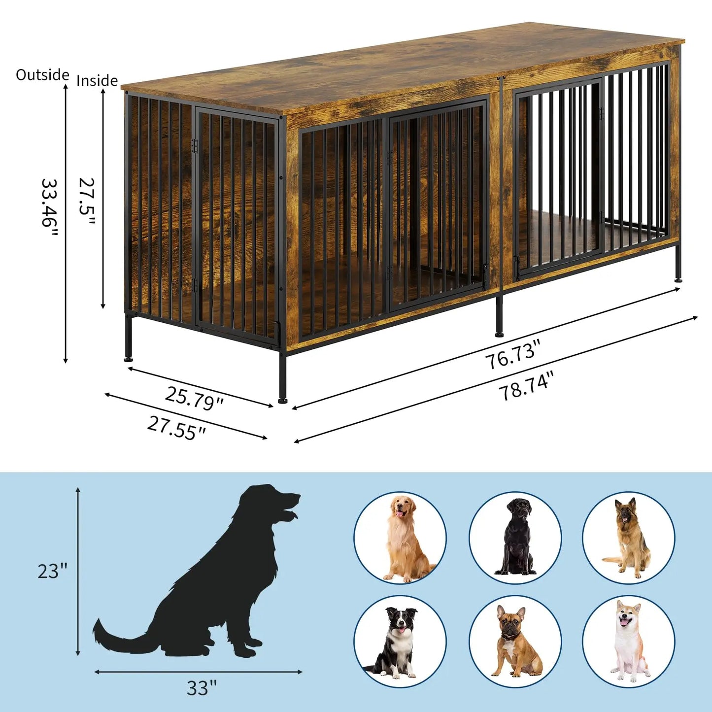78.74" XL Heavy Duty Double Dog Crate/Kennel With Removable Divider. Holds 2 Dogs, looks like furniture.