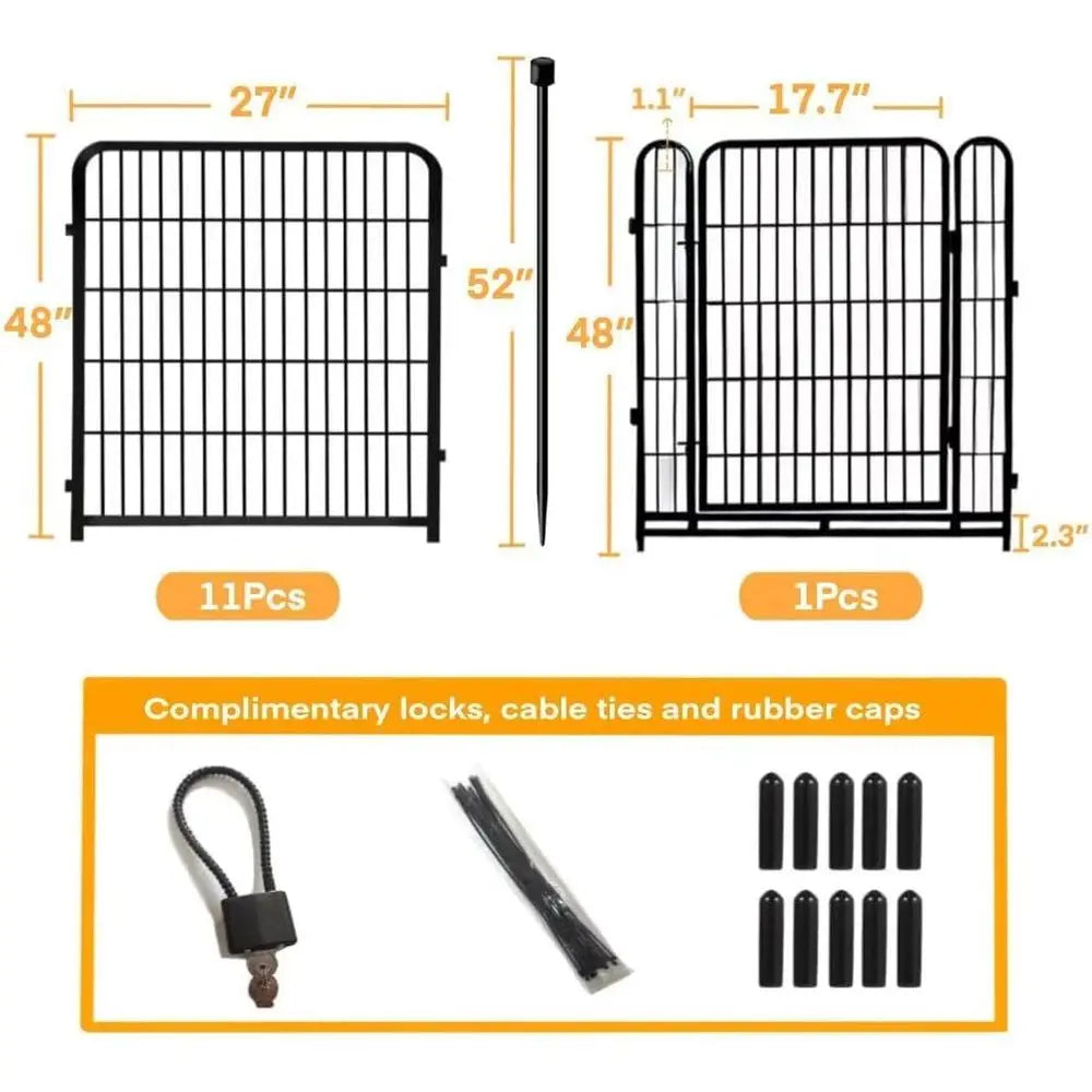 Garden Fence with Gate 48 in(H)×27 in(L) 12 Panels Total 26.6 Ft(L), Heavy Duty Iron Metal Animal Barrier Fence, Flower Bed Fenc