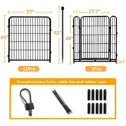 Garden Fence with Gate 48 in(H)×27 in(L) 12 Panels Total 26.6 Ft(L), Heavy Duty Iron Metal Animal Barrier Fence, Flower Bed Fenc