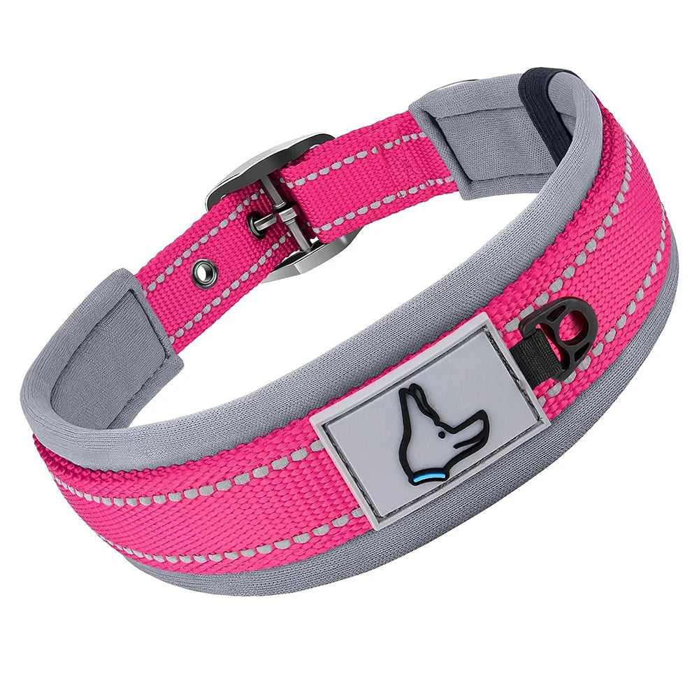 Padded Adjustable Reflective Wide Heavy Duty Nylon Neoprene Collars for small medium large Dogs  
D-Ring and Tag Loop - can be used to attach a leash and is tough enough to provide peace of mind no matter how hard your dog li
