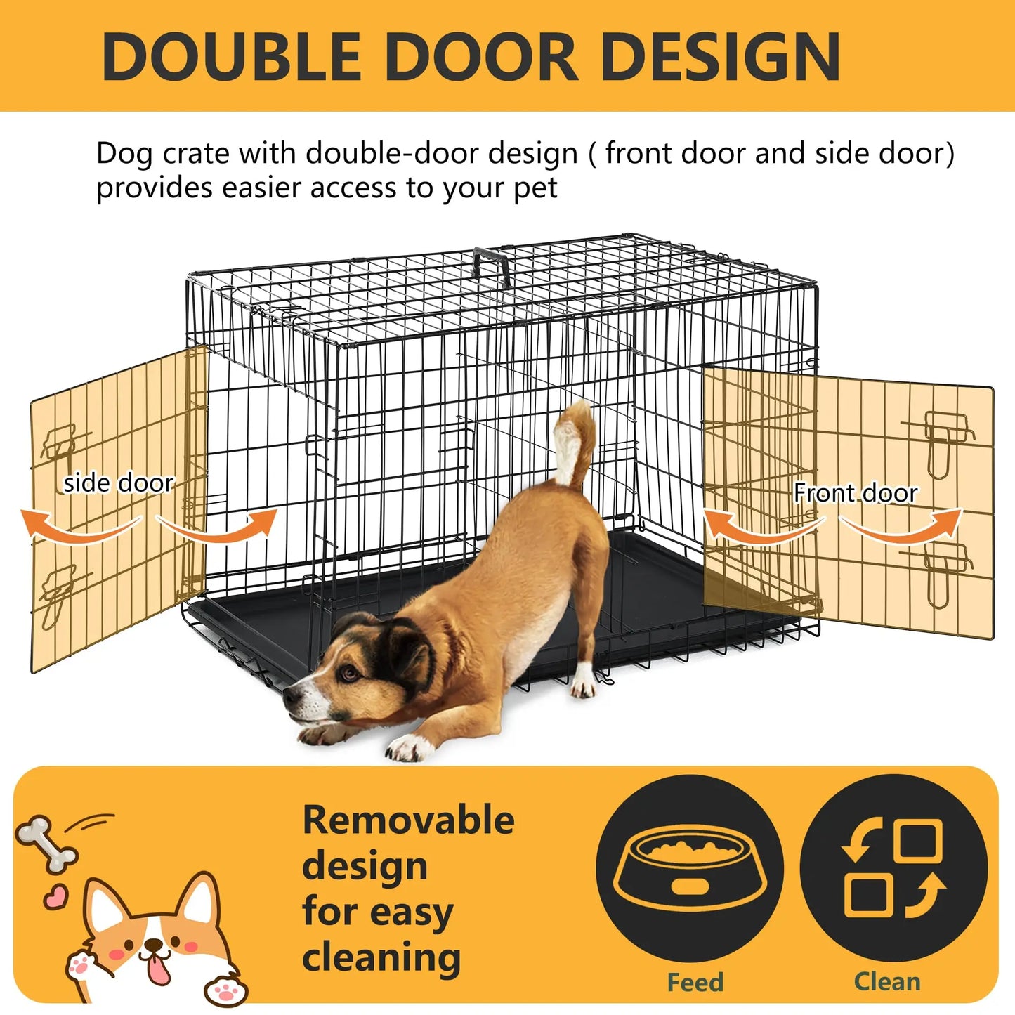 36 Inch Double Door Crate Kennel with Removable Tray & Divider