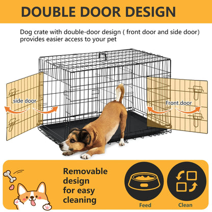 36 Inch Double Door Crate Kennel with Removable Tray & Divider