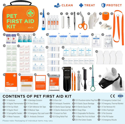Pet First Aid Kit with Reflective Zipper, Thermometer & Tick Remover - 100 Pieces for Cats and Dogs