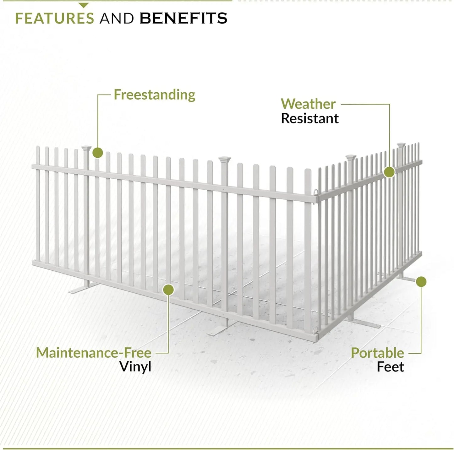 Freestanding No-Dig White Vinyl Picket Fence Panel. 3.5ft H x 7.6ft W. Install Indoor or Outdoor
