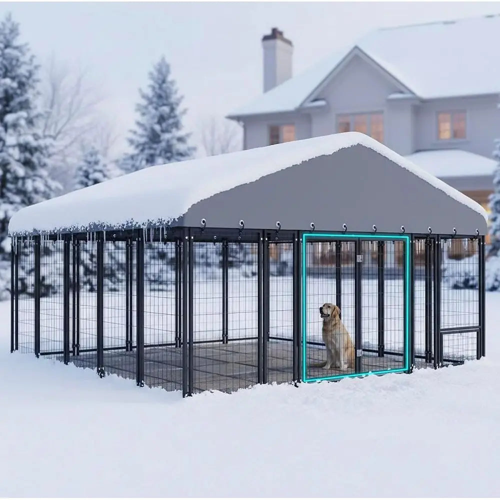 10x10FT Durable Heavy Duty Dog Cage/Kennel Outside with Roof & Double Door, Double Lock and Feeding Door,