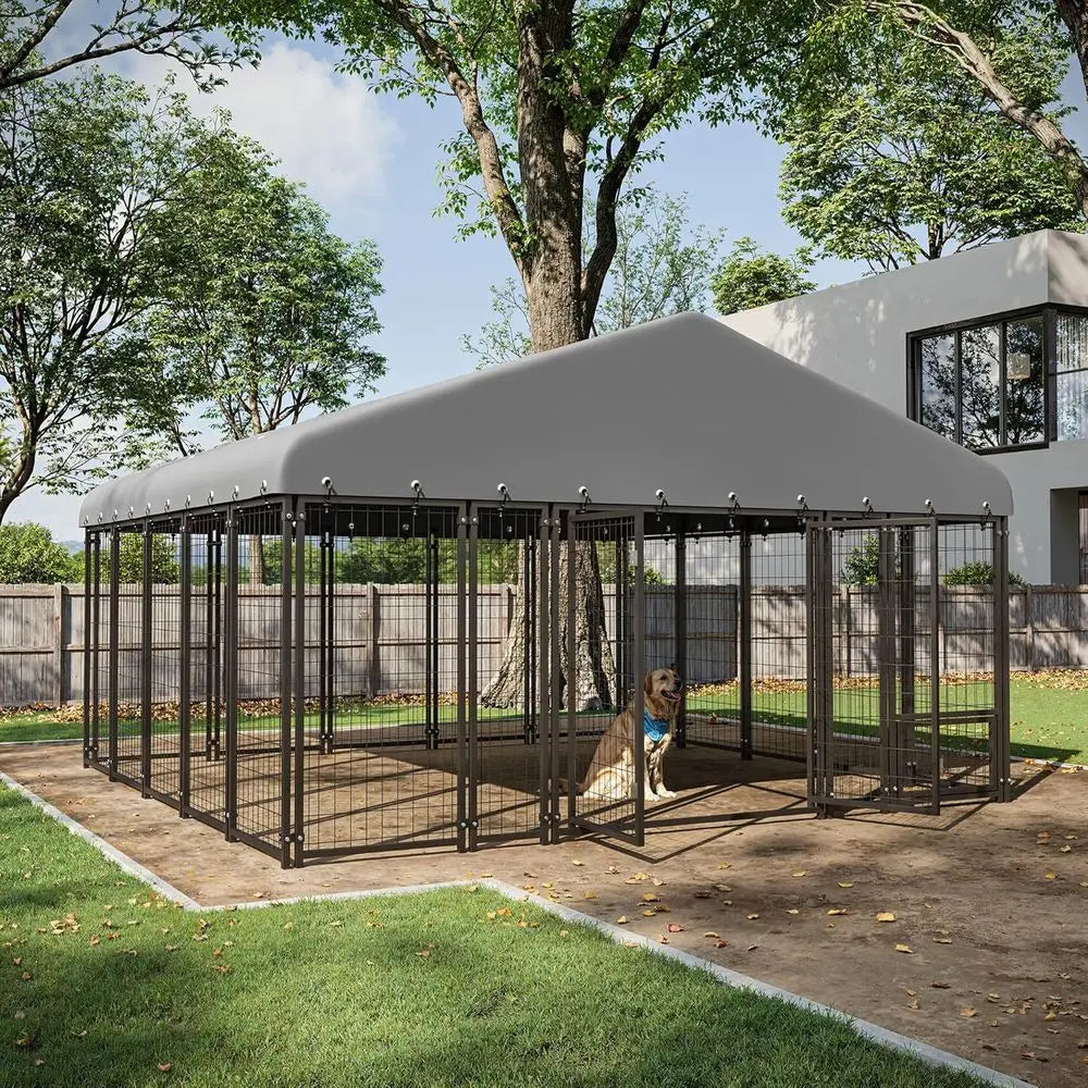 10x10FT Durable Heavy Duty Dog Cage/Kennel Outside with Roof & Double Door, Double Lock and Feeding Door,