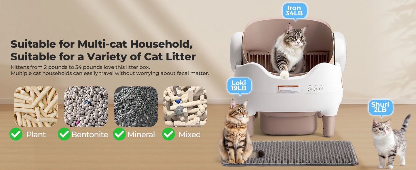 Self Cleaning Automatic Cat Litter Box with APP Control, Odor-Free  Large Waste Bin, Open-Top for Multi Cats